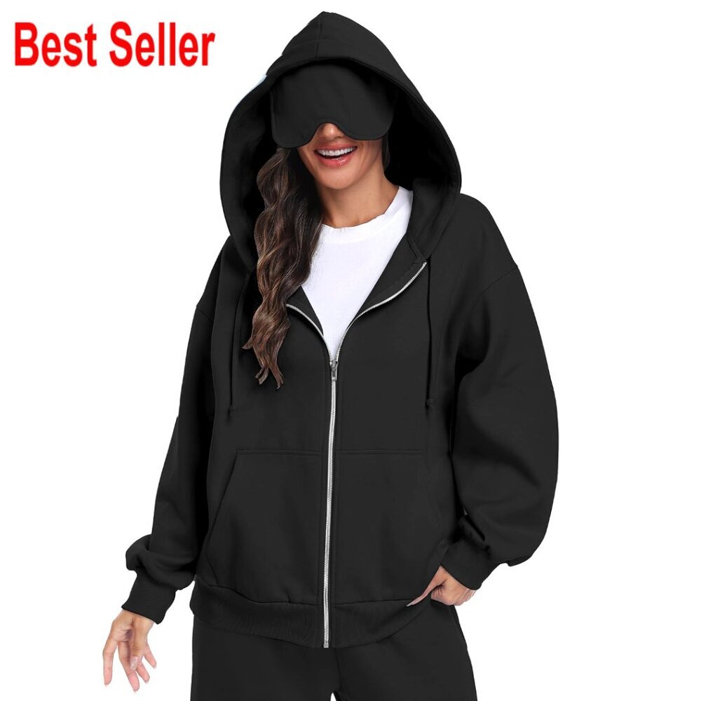 Unisex Travel Hoodie with Built-in Eye Mask, Fleece Jacket, Oversized Fit